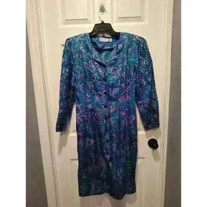 Vintage Adrianna Papell 100% Silk dress Button down Colorful Swirl print Size 10